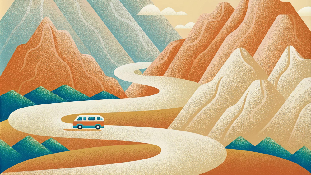 Journey through transformation - winding path through textured landscape